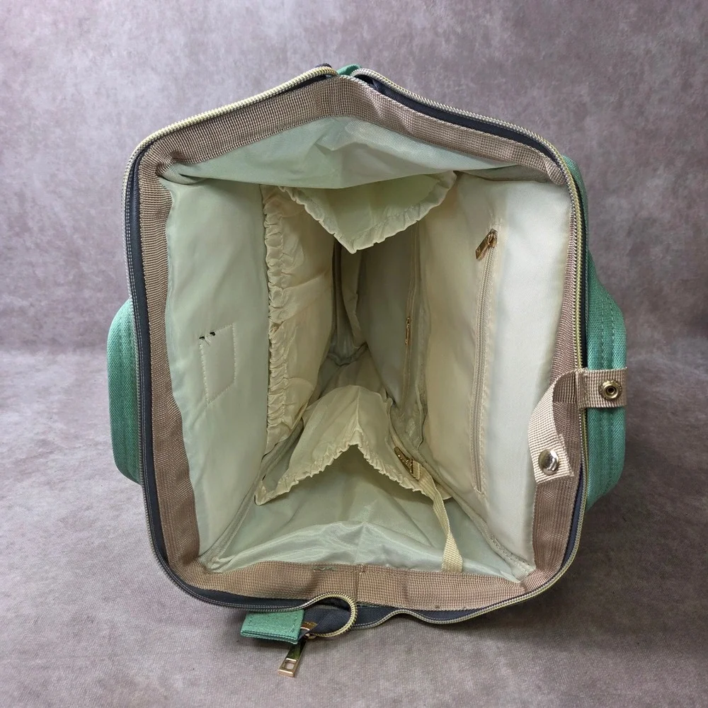 Taylor'd Baby Diaper Bag Backpack Green Canvas Travel Organizer Gold Hardware